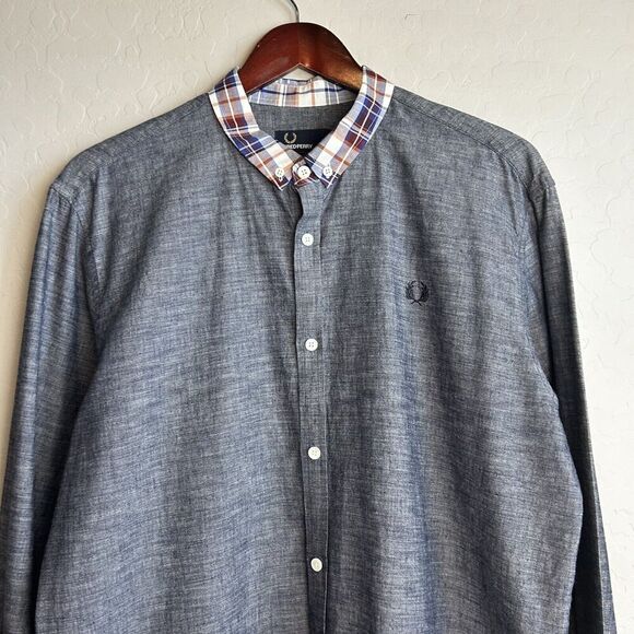Fred Perry Button Down Shirt Men's Large Slim Fit Gray Plaid Check Collar Adult - Picture 3 of 10